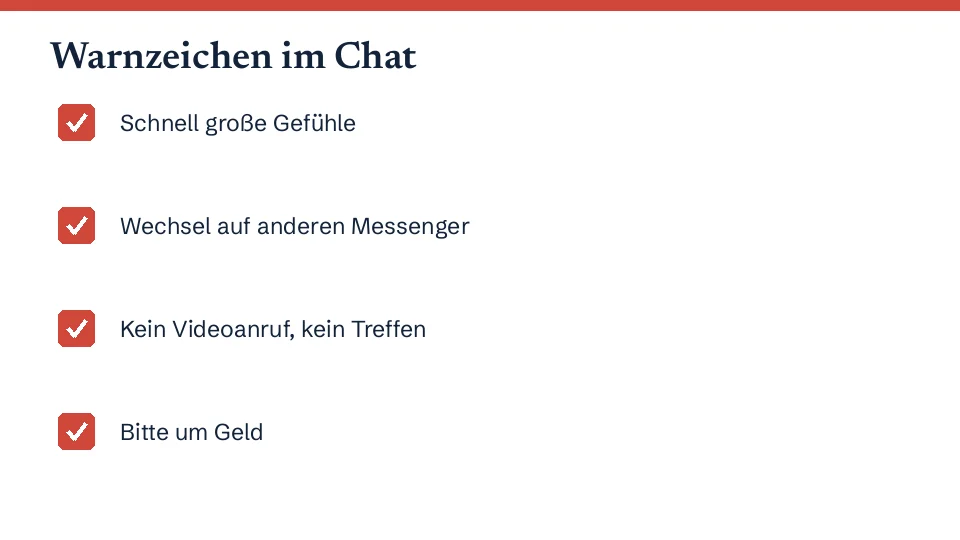 Vier Warnzeichen im Chat mit einem Fake-Profil